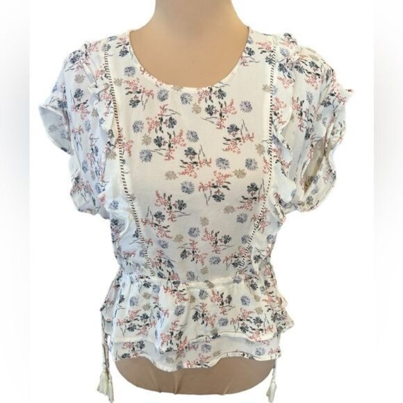 ASTR The Label Women’s Blouse Size Medium White Floral Side Tassel Top Spring - Picture 1 of 12